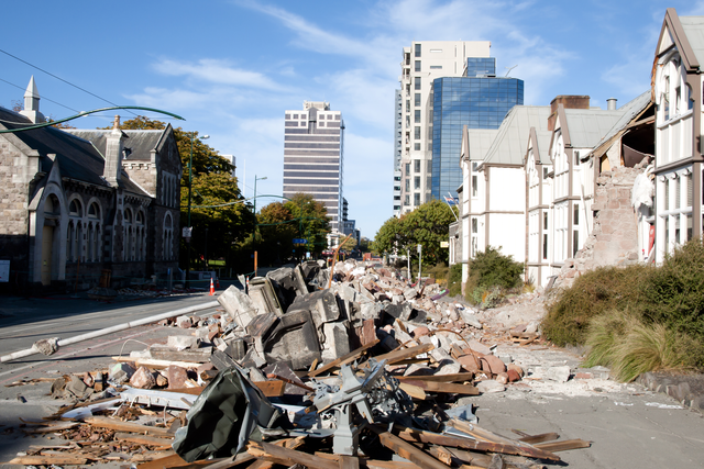 Debris from collapsed building following Christchurch earthquake